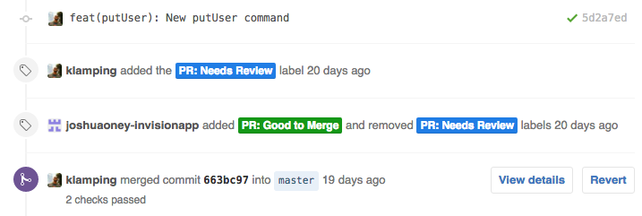 Example of Pull Request moving from needs review to Good to Merge